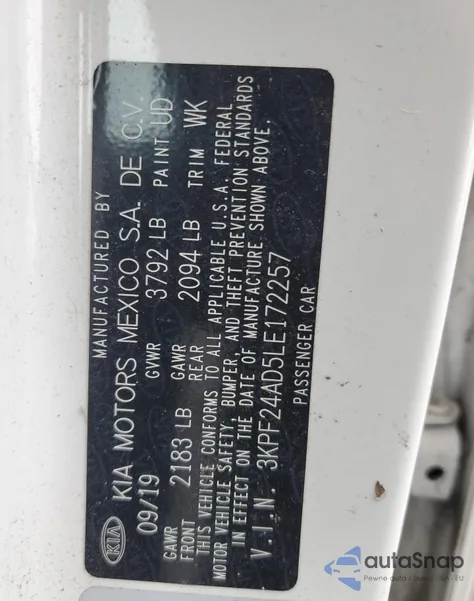 2020 Kia Forte Fe z USA, uszkodzony, nr VIN 3KPF24AD5LE172257